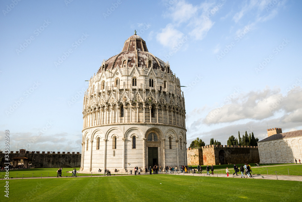 Panoramic View of Baptistery in Piazza dei Miracoli in Pisa, Tuscany Region, Italy.