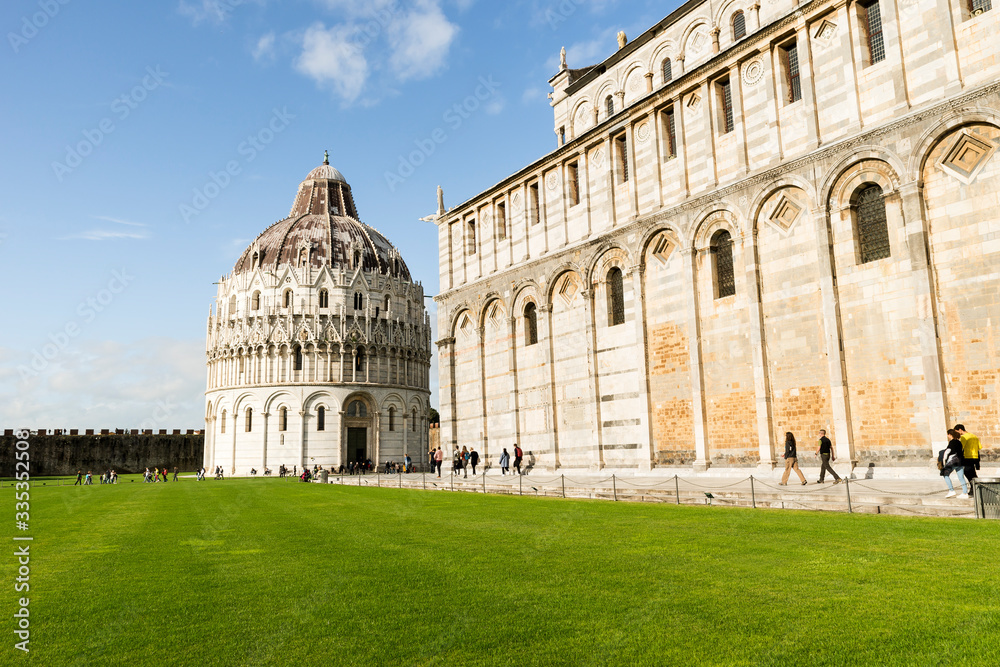 Panoramic View of Baptistery in Piazza dei Miracoli in Pisa, Tuscany Region, Italy.