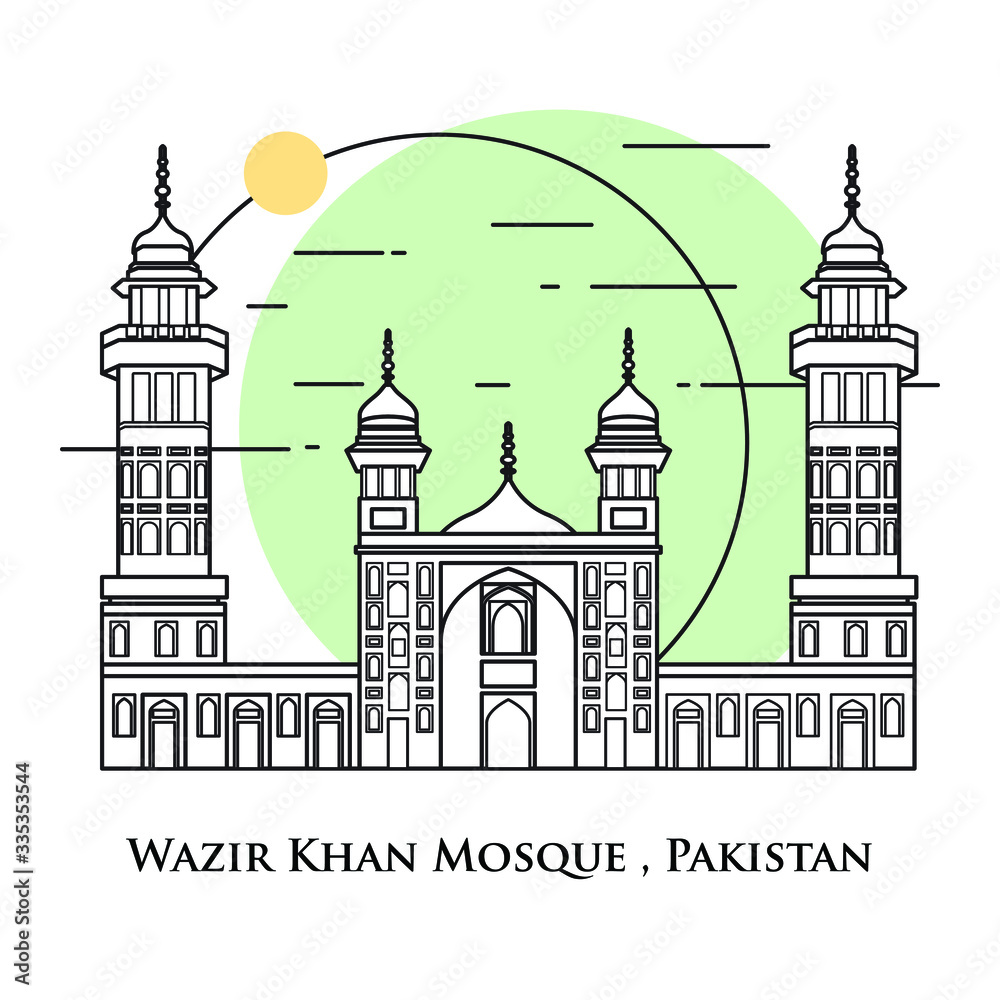 Flat icon vector illustration of a historic building mosque in the Pakistan, Simple outline icon design cartoon landmark for praying vacation travel tourist attractions. Wazir Khan Mosque.