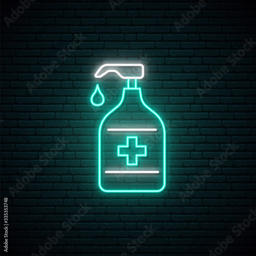 Sanitizer bottle neon sign. Coronavirus preventive concept. Use hand sanitiser. Stock vector design for Covid-19 awareness campaign.