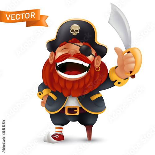 Funny laughing red-bearded pirate character with saber or sword in a three-corned hat with a human skull. Vector cartoon mascot illustration isolated on white background