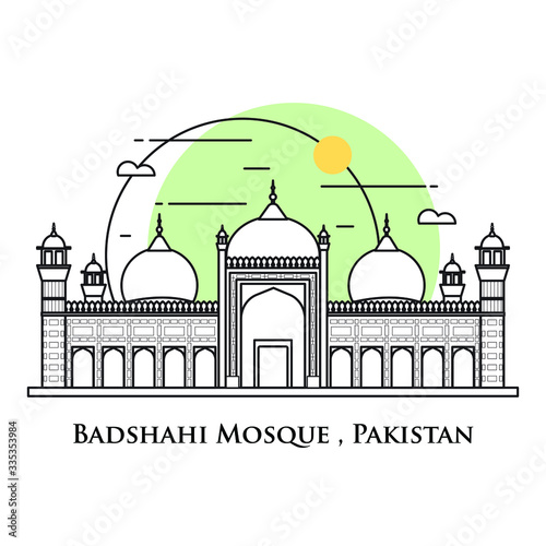 Flat icon vector illustration of a historic building mosque in the Pakistan, Simple outline icon design cartoon landmark for praying vacation travel tourist attractions. Badshahi Mosque Pakistan.