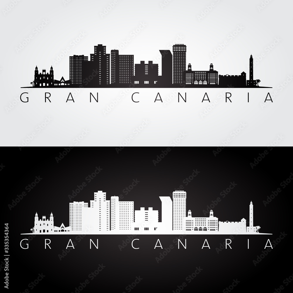Gran Canaria skyline and landmarks silhouette, black and white design, vector illustration.