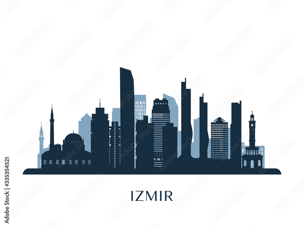 Izmir skyline, monochrome silhouette. Vector illustration.