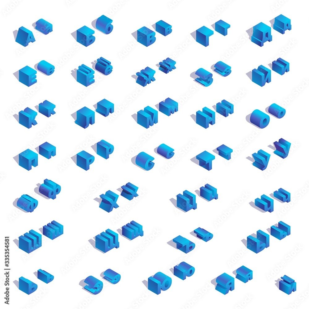 Russian or cyrillic isometric square blue alphabet with shadows