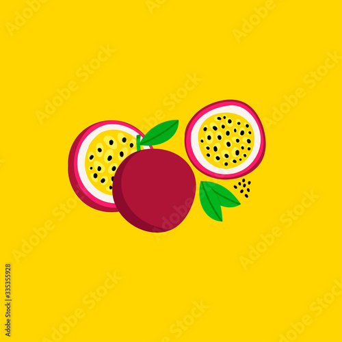Fresh juicy exotic Passion fruit. Cut in half. Product of Thailand. Tasty slice or piece. Hand drawn colored Vector illustration. Cartoon style. Isolated on yellow background