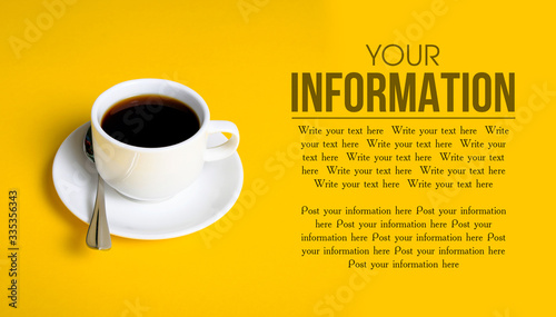 Cup of coffee drink on yellow background, space for text