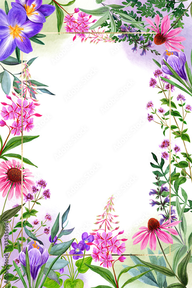 Field flowers watercolor greeting card template, pink and violet tints