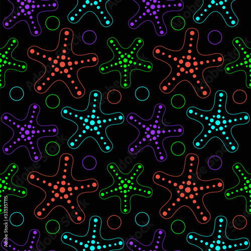 Starfish on a black background - vector seamless marine pattern. Linear neon starfish of different colors - seamless pattern. Beach summer pattern with sea animals.