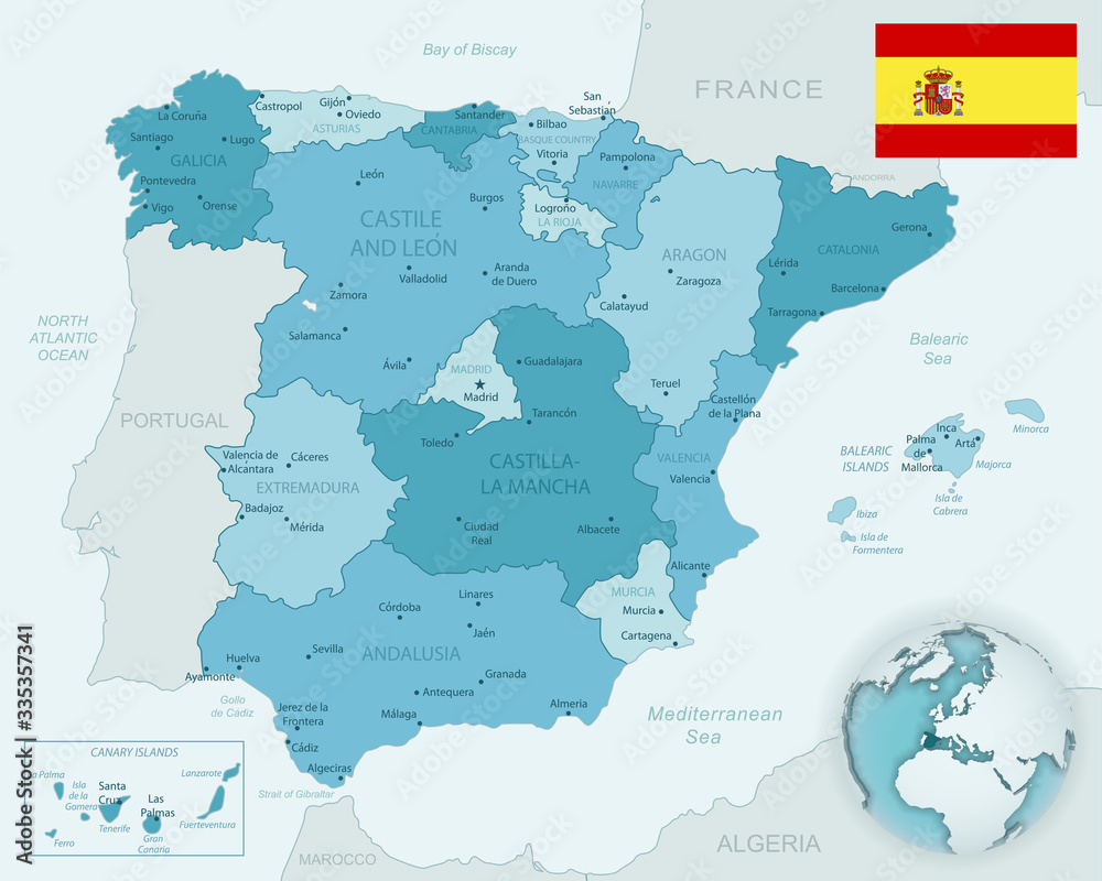 Blue-green detailed map of Spain and administrative divisions with country flag and location on the globe.