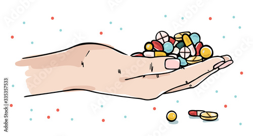 Illustration of a palm with a handful of medicinal pills.