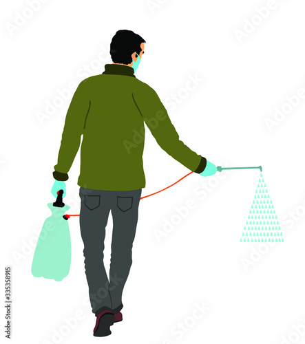 Gardener sprays pesticide vector illustration isolated. Farmer applying insecticide fertilizer to his vegetable using a sprayer.  Man watering plants or grass. Worker applying insecticide fertilizer.