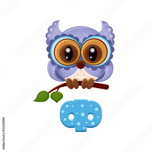 vector cute illustration of a sweet owl with big eyes sitting on a branch on a white background with russian alphabet letter, isolated on white, eps 10