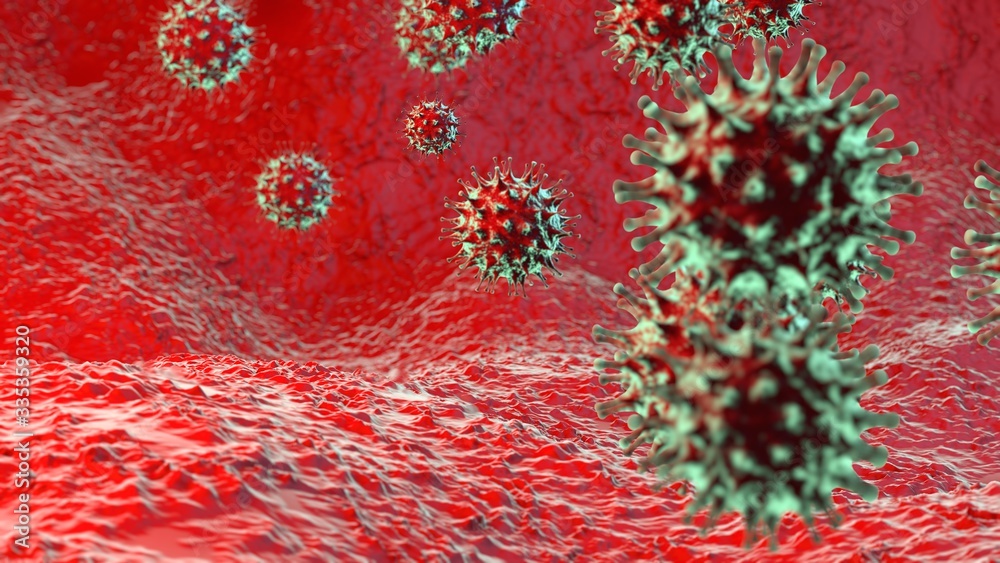3D rendering of ncov-19 coronavirus. A set of viruses on a red background. Illustration for medical compositions and informational banners. The idea of a world-wide danger, a disease from China. 3D rendering of ncov-19 coronavirus. A set of viruses on a red background. Illustration for medical compositions and informational banners. The idea of a world-wide danger, a disease from China.