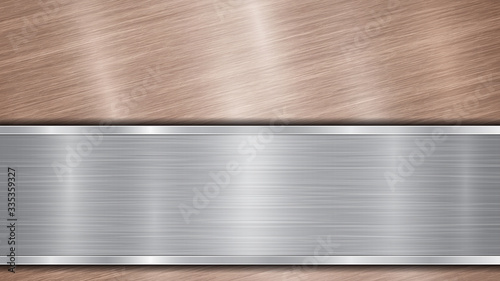 Background consisting of a bronze shiny metallic surface and one horizontal polished silver plate located below, with a metal texture, glares and burnished edges