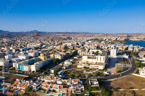 Fototapeta Naklejka Na Ścianę i Meble -  Aerial view of Praia city in Santiago - Capital of Cape Verde Islands - Cabo Verde