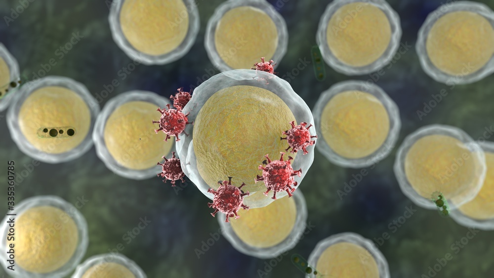 3D rendering of body cells and red viruses attacking one cell. Medical background, the idea of the covid-19 coronavirus threat. Image for compositions on health protection and medicine. 3D rendering of body cells and red viruses attacking one cell. Medical background, the idea of the covid-19 coronavirus threat. Image for compositions on health protection and medicine.