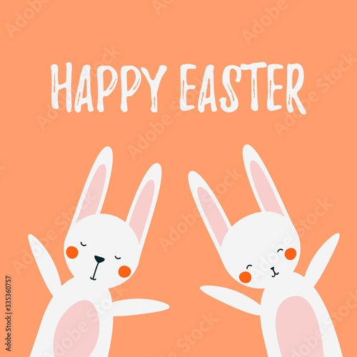 Cute white Easter rabbits greeting with Happy Easter. Traditional symbol for a Spring religious holiday made in cute flat cartoon style. Vector