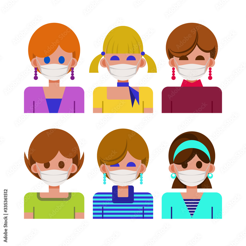 Set of avatar with female in white medical mask. Icons womens of different ages and nationalities during the quarantine. Stop the coronavirus 2019. Human protection from pneumonia outbreak. Vector Set of avatar with female in white medical mask. Icons womens of different ages and nationalities during the quarantine. Stop the coronavirus 2019. Human protection from pneumonia outbreak. Vector