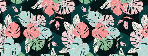 Dark jungle leaf pattern. Exotic tropical monstera and palm leaves on a dark green background. Modern seamless vector design for web and print. Nature in warm countries. Rainforest plants.