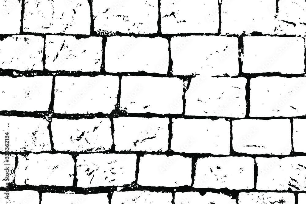 Grunge texture of rough paving stones on a city street. Abstract monochrome background of rough paving slabs. Vector illustration. Overlay template.