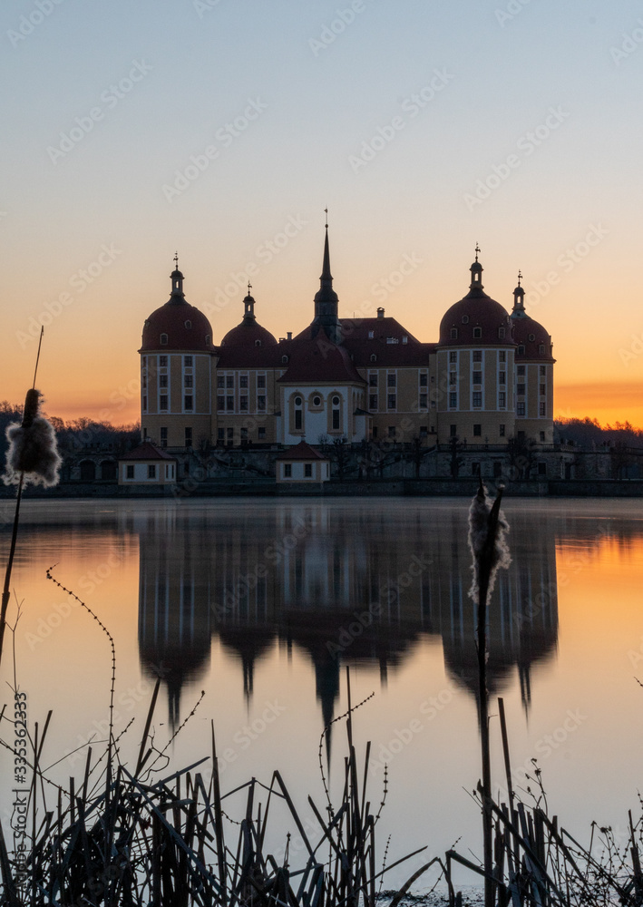 Moritzburg with sunrise, Saxony, Germany