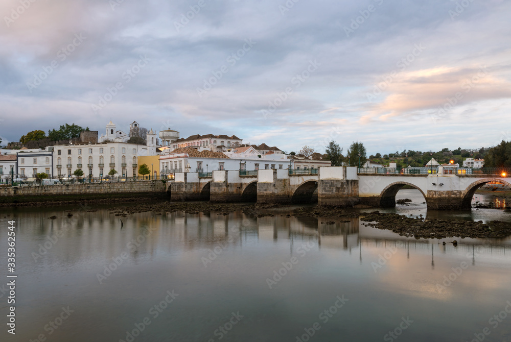 Tavira city view with river gilao in Algarve at sunset, Portugal