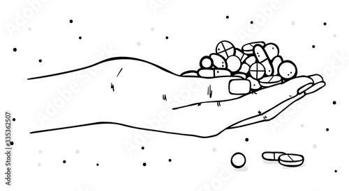 Illustration of a palm with a handful of medicinal pills.
