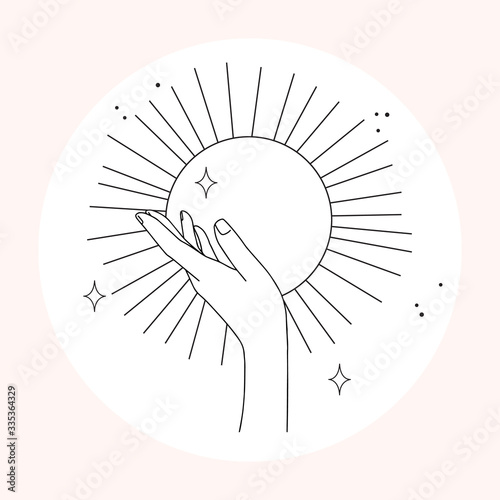 Woman hand line art. Delicate hand position, gestures in minimalist style. Elegant hand with moon, stars and sun, esoteric elements for logos, bages and pre made scenes.