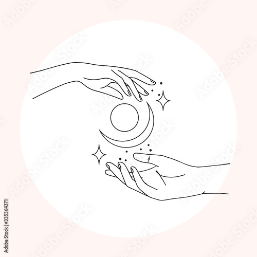 Woman hand line art. Delicate hand position, gestures in minimalist style. Elegant hands with moon, stars and sun, esoteric elements for logos, bages and pre made scenes.