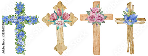 Watercolor set of wooden and floral crosses decorated with first spring flowers isolated on the white background.