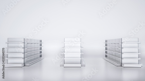 3D image front view of grocery empty shelves staying in three rows on blank white background. Whith Front/End shelves displays. Good for supermarket's mockup.