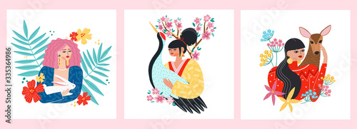 Caring about ecology and fauna diversity. Wildlife protection and rescue concept. Girls holding rabbit, crane, roe deer isolated vector illustration. Woman loves and protects wild animals and birds.