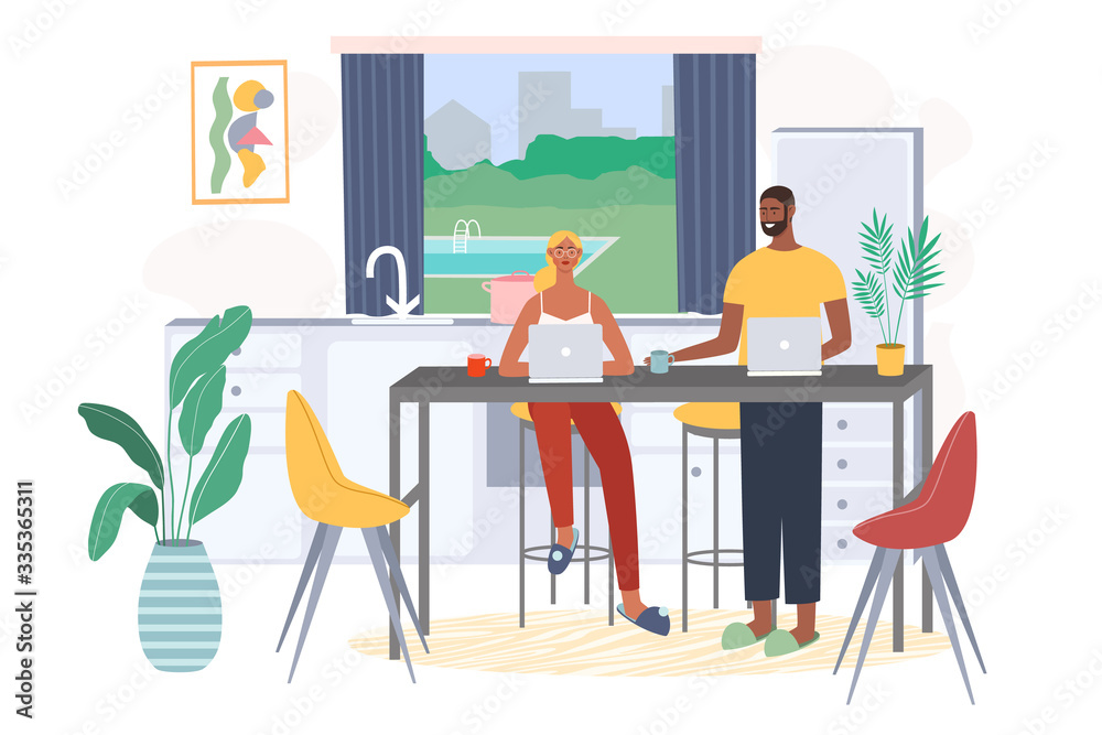 Family sitting on chair with laptop computer and working from home. Freelance work and convenient workplace vector concept. Distance work, online study education.  Woman and man working at the kitchen