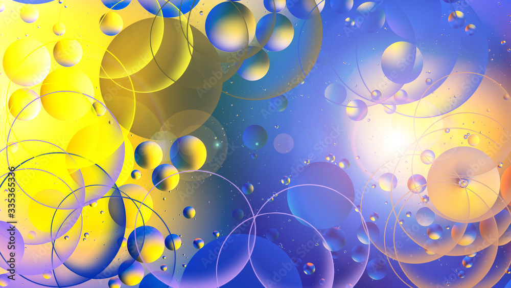 bright oily drops in water with colorful background, close-up bright oily drops in water with colorful background, close-up