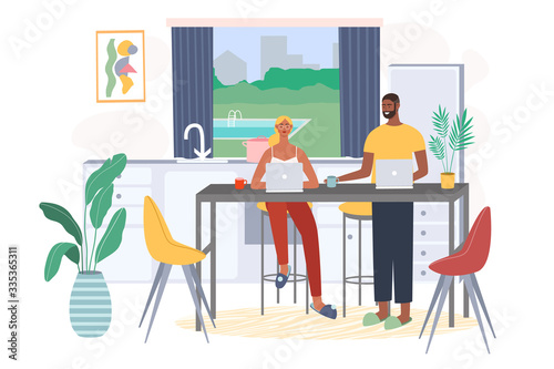 Family sitting on chair with laptop computer and working from home. Freelance work and convenient workplace vector concept. Distance work, online study education.  Woman and man working at the kitchen