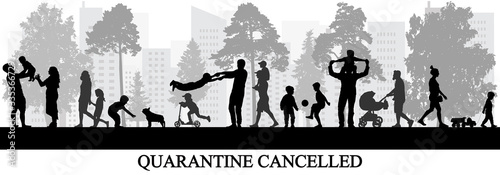 Quarantine cancelled, people walking in park, children playing. Vector illustration.