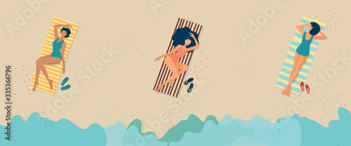 Top View of three Young Women in Bikini Lying on Belly on the Beach Towel. Summer Vacation, Traveling, Relaxing Attractive Girls on Sea Side, Ocean Coast Cartoon Flat Vector Illustration