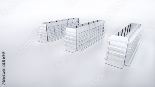 3D image over top side view of grocery empty shelves staying in three rows on blank white background. Whith Front/End shelves displays. Good for supermarket's mockup.