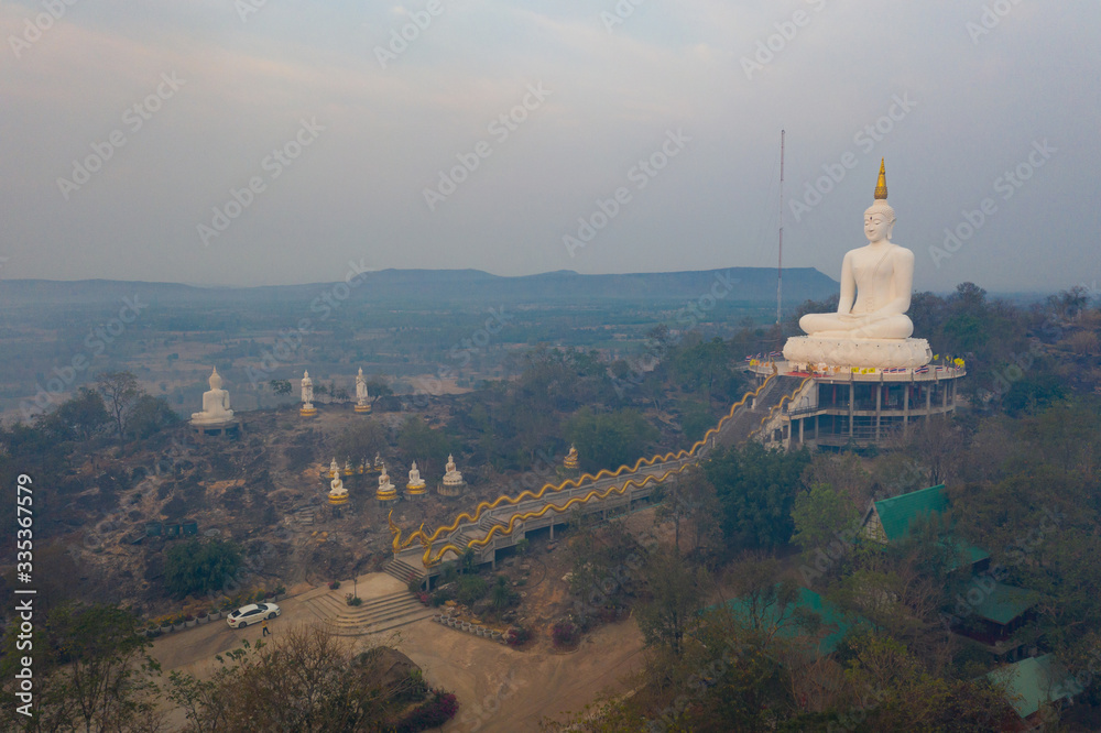 Aerial view Large white Buddha statue at Khao Chad Temple, Udon Thani Province