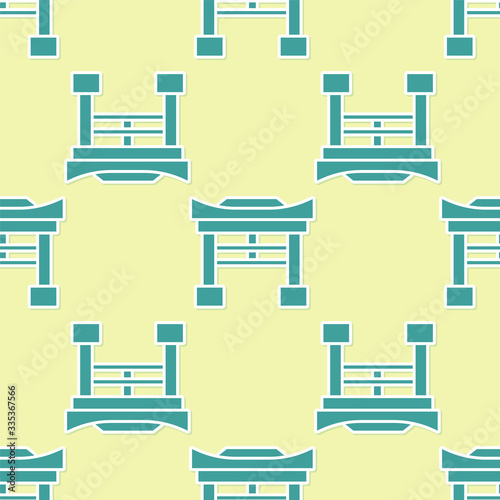 Green Japan Gate icon isolated seamless pattern on yellow background. Torii gate sign. Japanese traditional classic gate symbol. Vector Illustration