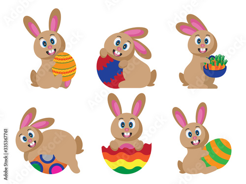 Illustration of easter celebration. Set of cute cartoon easter flat rabbits and eggs.