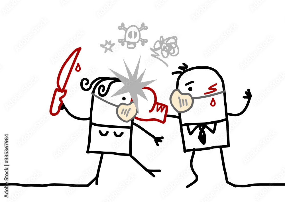Cartoon couple with masks against the virus fighting together Cartoon couple with masks against the virus fighting together