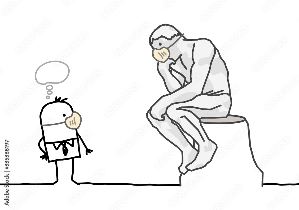 Cartoon man with a mask watching a famous thinking sculpture with a mask