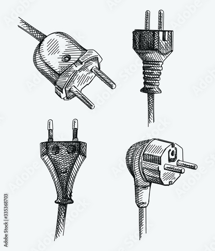 Sketch set of hand-drawn plugs. The set consists of Type E plug, US Type C plug, Type F (4.8mm pins) plug, Type C plug