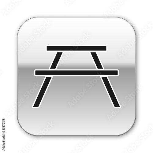 Black Picnic table with benches on either side of the table icon isolated on white background. Silver square button. Vector Illustration