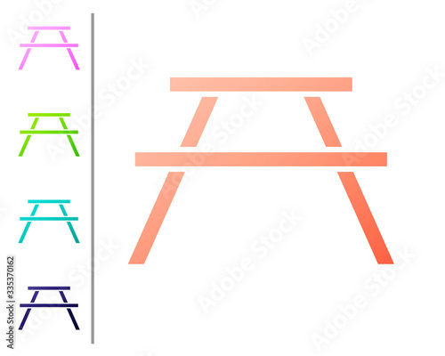 Coral Picnic table with benches on either side of the table icon isolated on white background. Set color icons. Vector Illustration