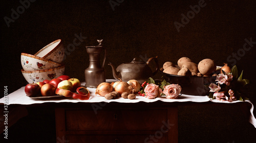 Stillife, with bowls, tin, potatoes, onions, fruit. and roses.