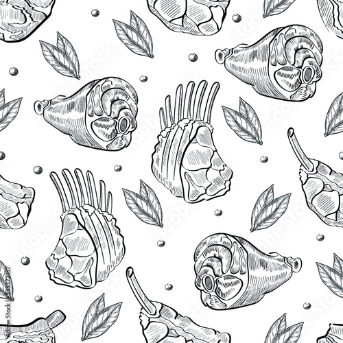 Meat, food vector seamless pattern on white background. Concept for menu, cards, wallpaper 