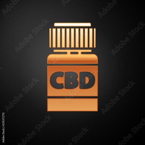 Gold Medical bottle with marijuana or cannabis leaf icon isolated on black background. Mock up of cannabis oil extracts in jars. Vector Illustration